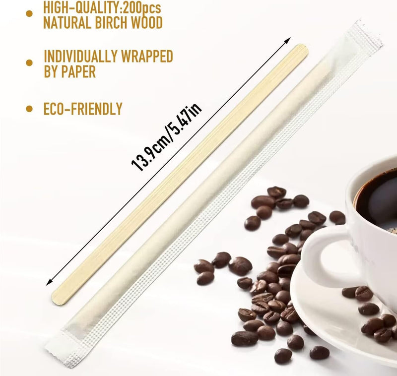 200 Pcs Bamboo Coffee Stirrers Individually Wrapped, 5.5 Inch Disposable Coffee Stir Sticks for Coffee, Hot Chocolate and Drinking Tea