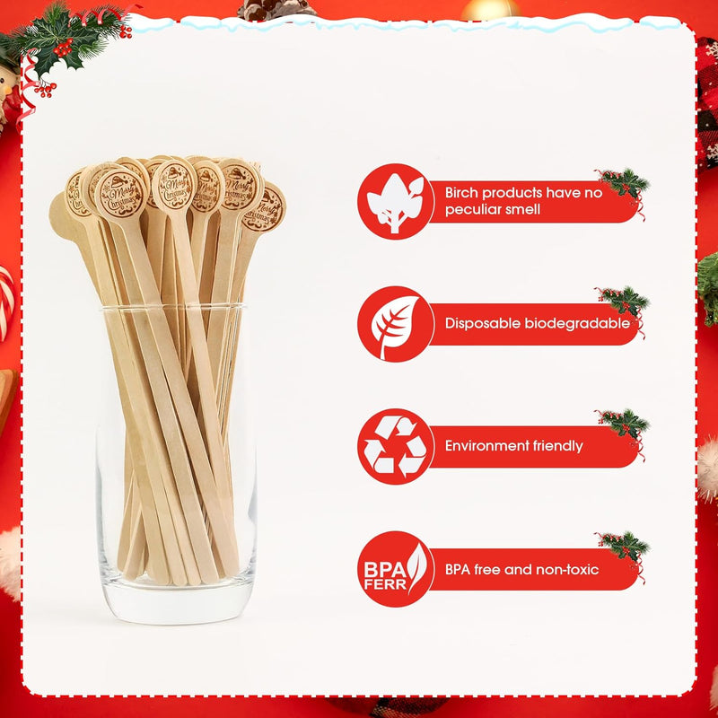 100pcs Coffee Stirrers Stir Sticks 7 Inch Wooden Coffee Stir Sticks with Merry Christmas Round Handle Disposable Biodegradable Coffee Stirrers Wood for Stirring Coffee Cocktails Milk Honey