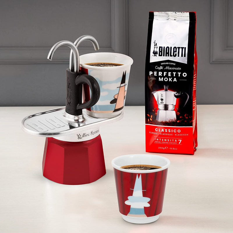 Bialetti - Mini Express Magritte: Moka Set includes Coffee Maker 2-Cup (2.8 Oz) + 2 shot glasses, Red, Aluminium