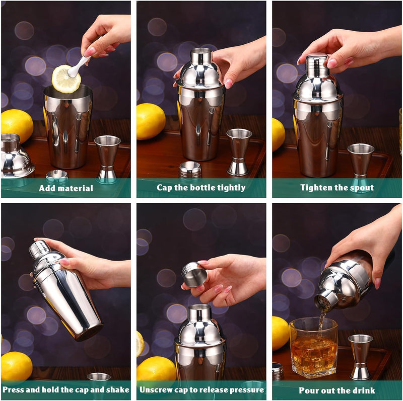 4 Packs Cocktail Shaker Set Martini Shaker Bulk Stainless Steel Martini Mixer with Strainer Drink Shaker with Double Measuring Jigger for Bar Party Home Use Wine Shaker Bar Mixing Tool (18 oz/ 550 ml)