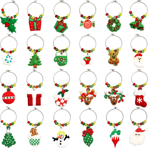 WILLBOND 24 Pieces Christmas Wine Glass Charms for Stem Glasses, Wine Glass Identifier Charms, Christmas Wine Charms Wine Drinker Gift for Wine Tasting Party Favors Family Gathering