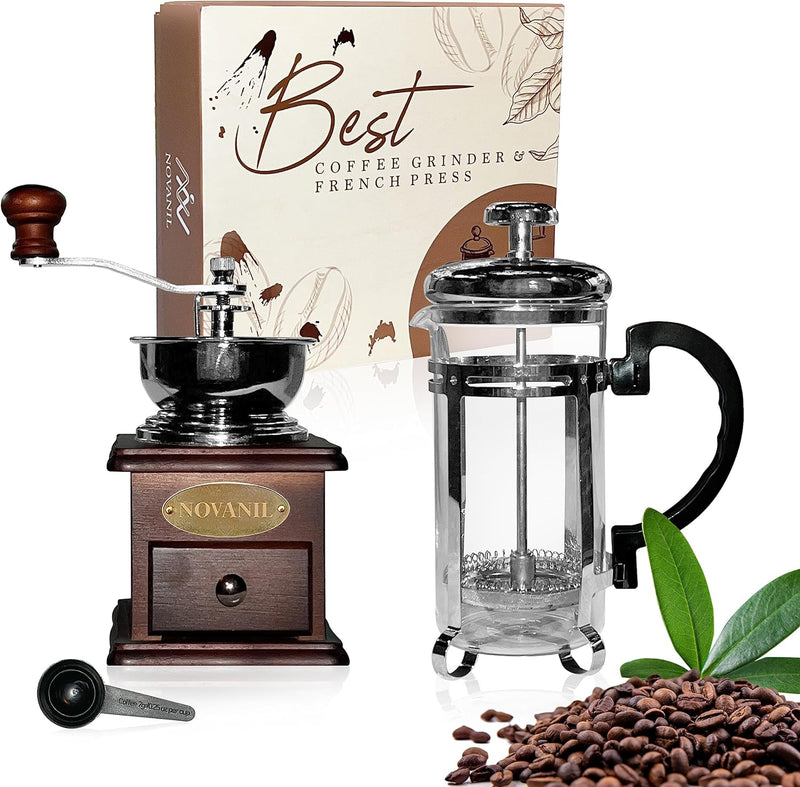 NOVANIL FRENCH COFFEE KIT, FRENCH PRESS & COFFEE GRINDER, COFFEE GIFT BOX, COFFEE SET, ANTIQUE STYLE COFFEE KIT, WOODEN MANUAL COFFEE GRINDER, HEAT-RESISTANT GLASS