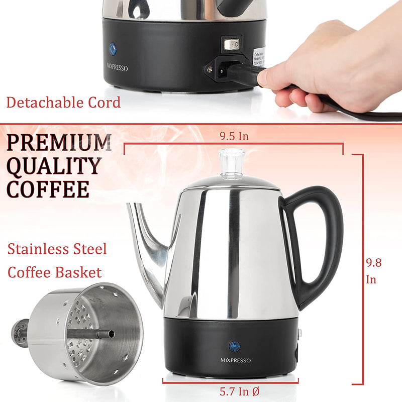 Mixpresso Electric Percolator Coffee Pot, Stainless Steel Coffee Maker, Percolator Electric Pot - 4 Cups Stainless Steel Percolator With Coffee Basket