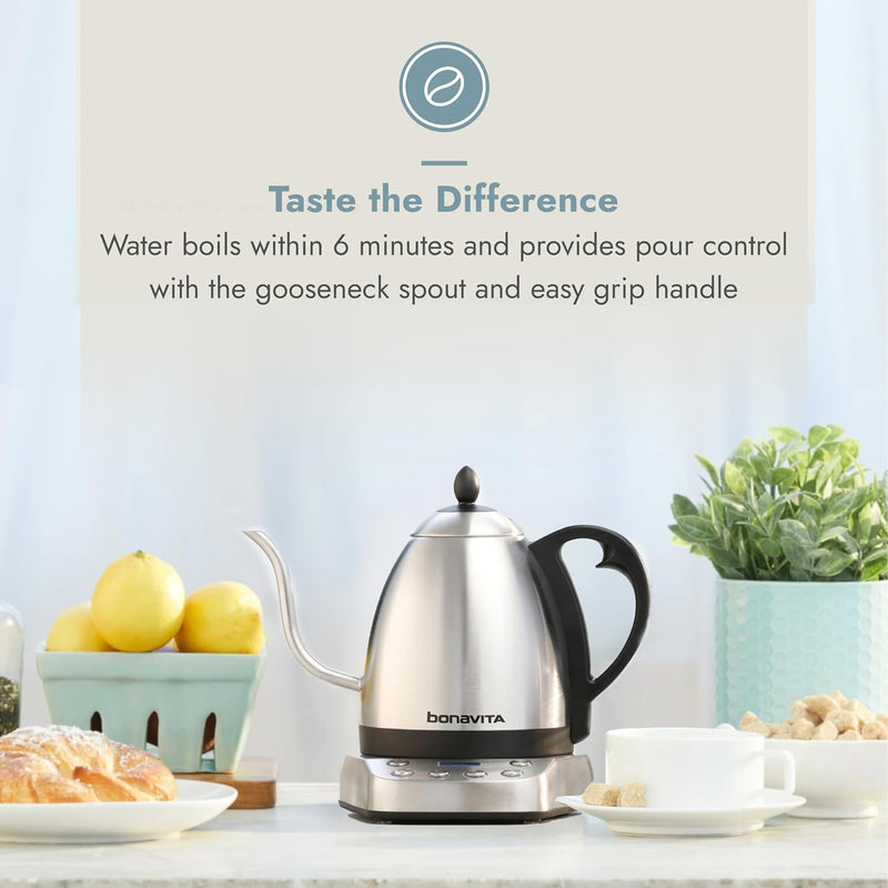 Bonavita 1 Liter Digital Variable Temperature Gooseneck Electric Kettle, Coffee Kettle Pour Over or Making Tea, Precise Control, 6 Preset, Commercial or Home Use, 1000 Watt (Stainless Base)