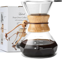 Lalord Pour Over Coffee Maker with Stainless Steel Filter, 20 oz Borosilicate Glass Coffee Carafe, Wooden Collar, Coffee Maker Carafe, Hold 3-4 Cups, 600 ml, Clear