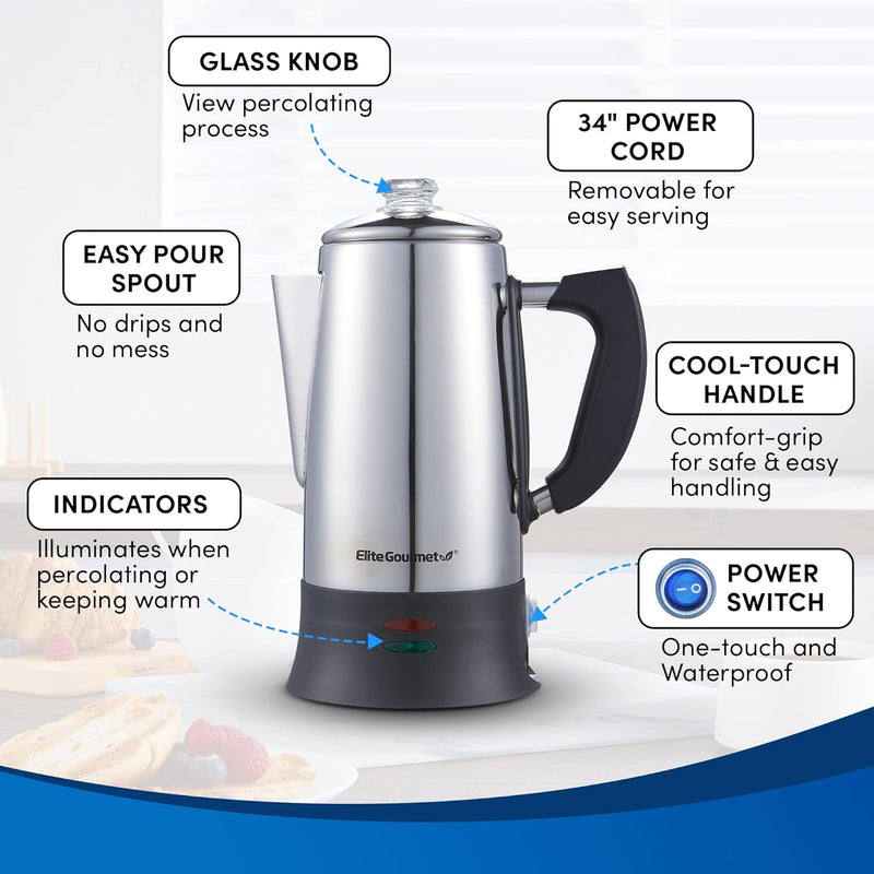 Elite Gourmet EC922 Electric Coffee Percolator, Keep Warm, Glass Clear Brew Progress Knob, Cool-Touch Handle, Cordless Serve, 12-Cup, Stainless Steel