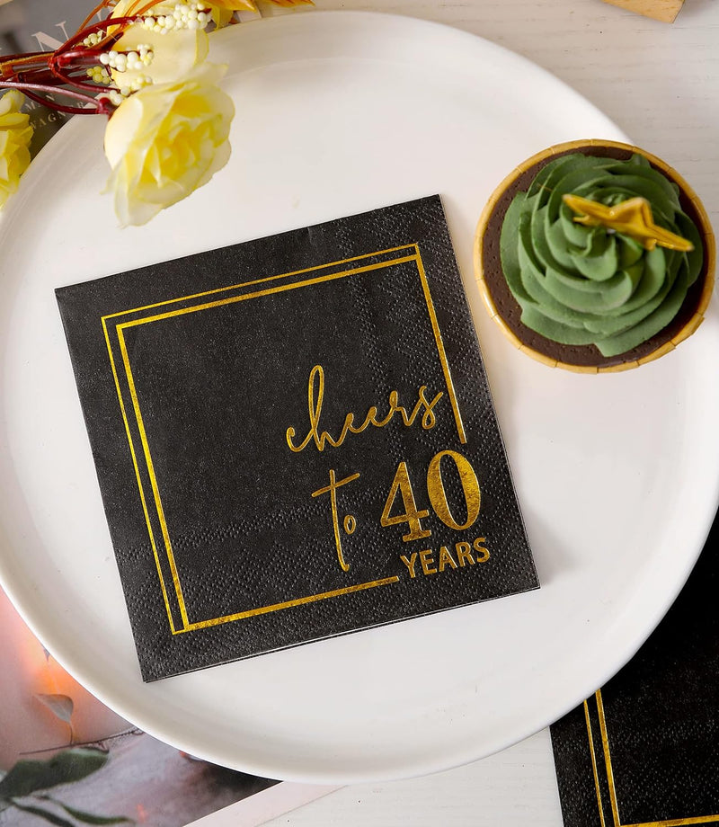 Cheers to 40 Years Cocktail Napkins - 50PK - 3-Ply 40th Birthday Napkins 5x5 Inches Disposable Party Napkins Paper Beverage Napkins for 40th Birthday Decorations Wedding Anniversary Black and Gold