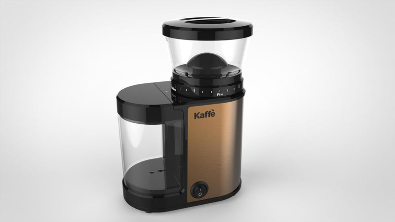 Kaffe Burr Coffee Grinder Electric w/Adjustable Settings for Precision Coffee Bean Grinding (5.5oz Capacity) Cleaning Brush Included. Powerful Motor. Copper)