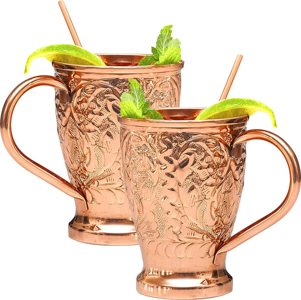 Kamojo Moscow Mule Mugs Set of 2 - Premium Moscow Mule Copper Mugs with Unique Embossed Design & Anti-Tarnish, Food-Grade Coating - Copper Cups Gift Set with 2 Copper Straws & Recipe E-Book, 16 oz