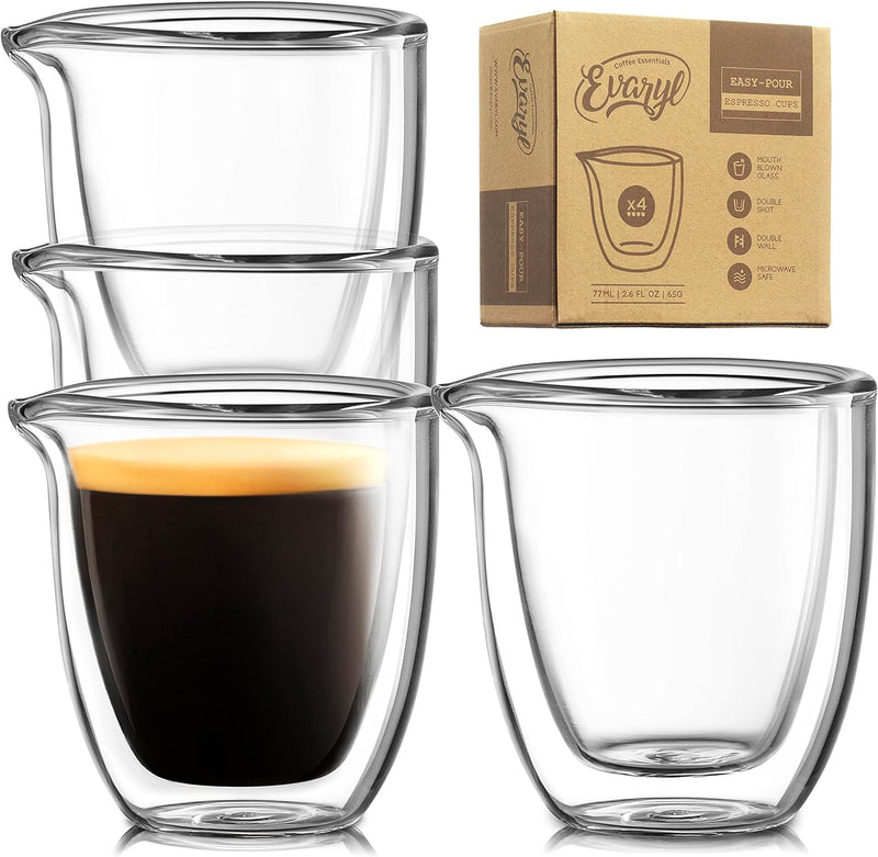 Pouring Espresso Cups Set of 4 - Glass Espresso Cups Shot Glass with Spout 2.7 OZ - Double Espresso Cups - Small Doppio Double Walled Clear Espresso Cups - Expresso Coffee Cup - Espresso Accessories