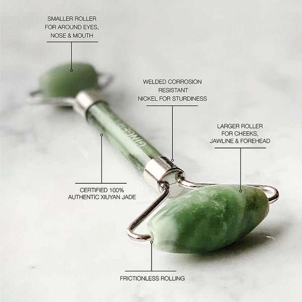 Ginger Chi Jade Roller - Anti-Aging Jade Therapy for Skin Care - Face Sculpting Tool for Eyes, Cheeks, Forehead - Jawline Shaper & Neck Roller - Face Roller is Part of The Gua Sha Facial Tools