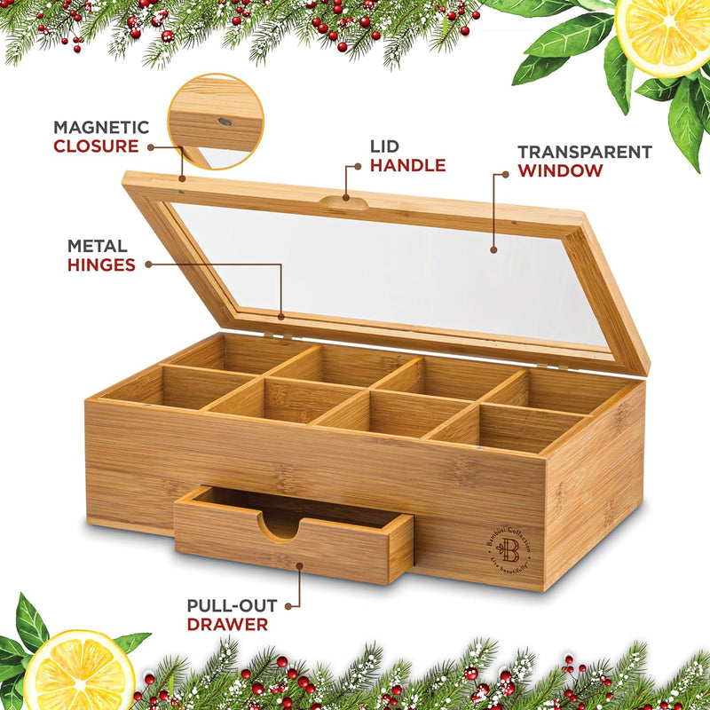 Tea Bag Organizer - Tea Organizer: Wooden Tea Box with 8 Compartments, Acrylic Window, and Magnetic Lid, Made of Bamboo - Keeps Tea Bags Fresh (Tea Not Included) - Ideal Christmas Gifts