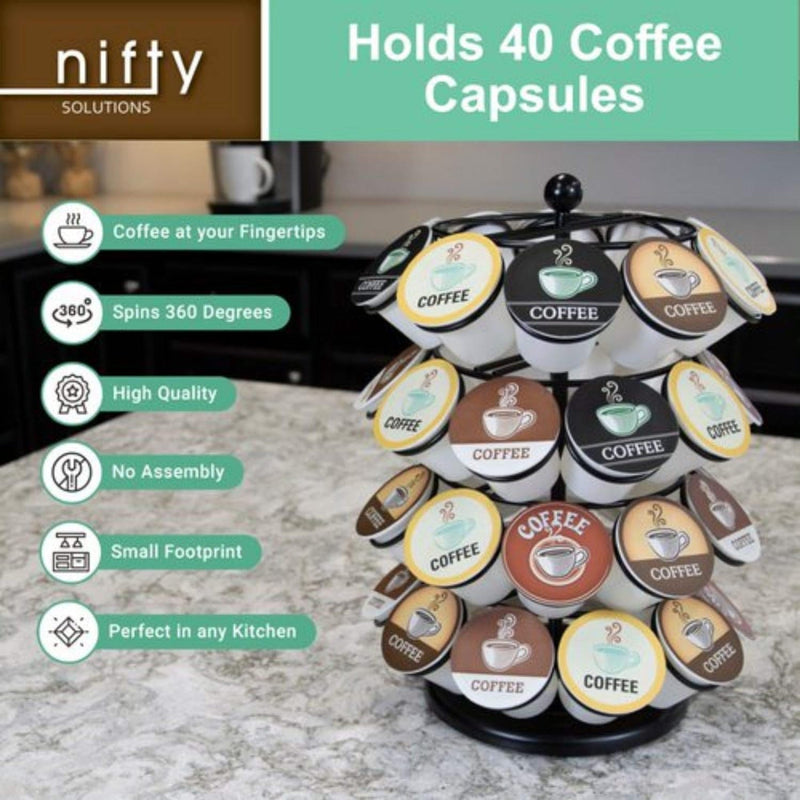 Nifty K Cup Holder – Compatible with K-Cups, Coffee Pod Carousel | 40 K Cup Holder, Spins 360-Degrees, Lazy Susan Platform, Modern Black Design, Home or Office Kitchen Counter Organizer