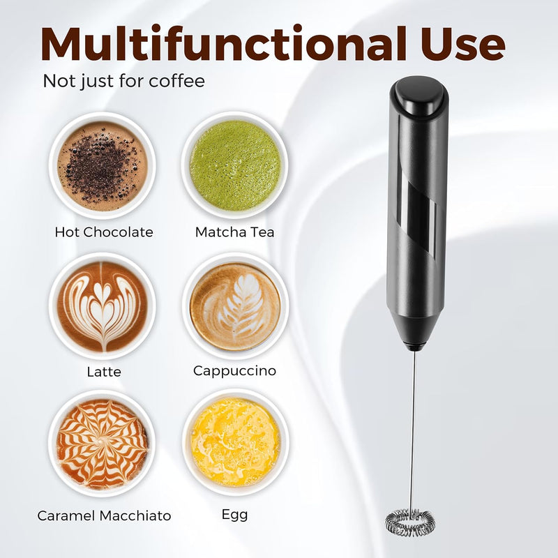 HealSmart Milk Frother Handheld, Battery Operated Whisk Maker with Stainless Steel Stand Hand Drink Mixer for Coffee, Lattes, Cappuccino, Matcha, Black