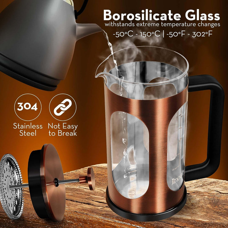 Jineelo French Press Coffee Maker 34 Ounce, Copper Stainless Steel Coffee Press Heat Resistant Borosilicate Glass, Cold Brew Coffee Maker & Tea Press Kit For Camping, Travel & Gifts.