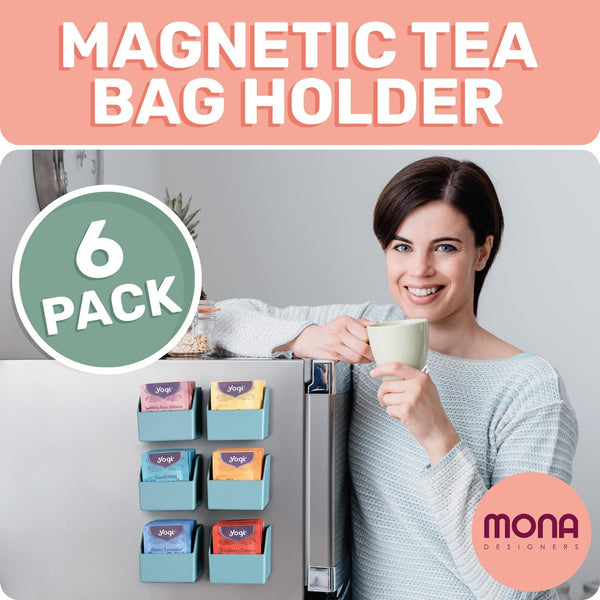 Mona Magnetic Tea Bag Organizer - Set of 6 Individual Tea Bag Holders for The Refrigerator, Counter or Kitchen Shelf. Stylish & Practical Gift for Tea Lovers (Sage)