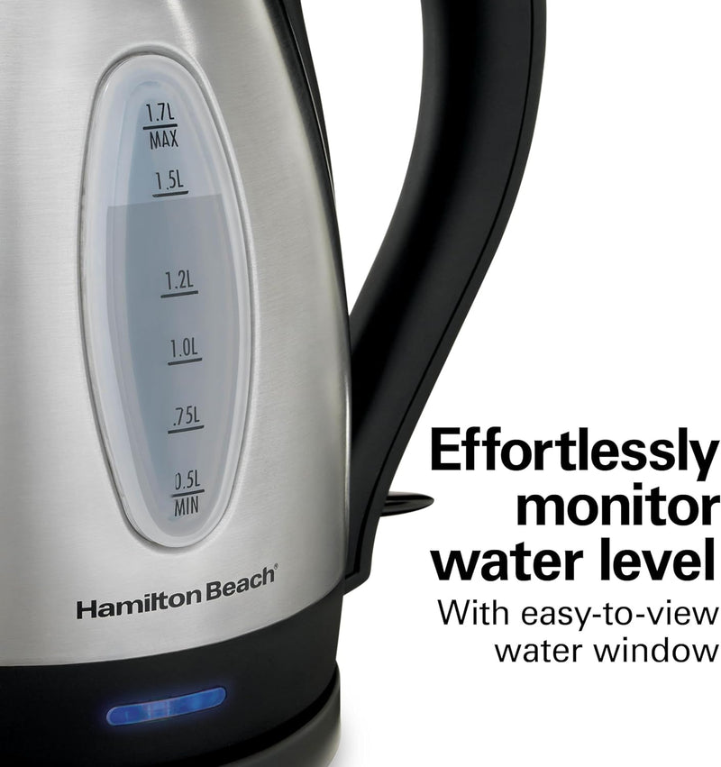 Hamilton Beach Electric Tea Kettle, Water Boiler & Heater, 1.7 Liter, Cordless Serving, 1500 Watts for Fast Boiling, Auto-Shutoff and Boil-Dry Protection, Stainless Steel (40880)