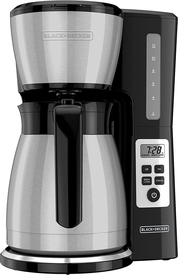 BLACK+DECKER 12 Cup Thermal Programmable Coffee Maker with Brew Strength and VORTEX Technology, Black/Steel, CM2046S