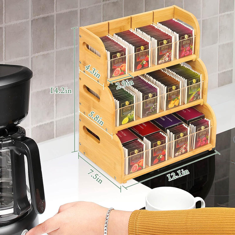 SPOPSOOD Bamboo Tea Bag Organizer, 3-Tier Tea Bag Holder Storage Organizer, Stackable Tea Packet Rack/Shelf, Tea Station Stand with Acrylic Partition for Counter, Cabinet and Pantry