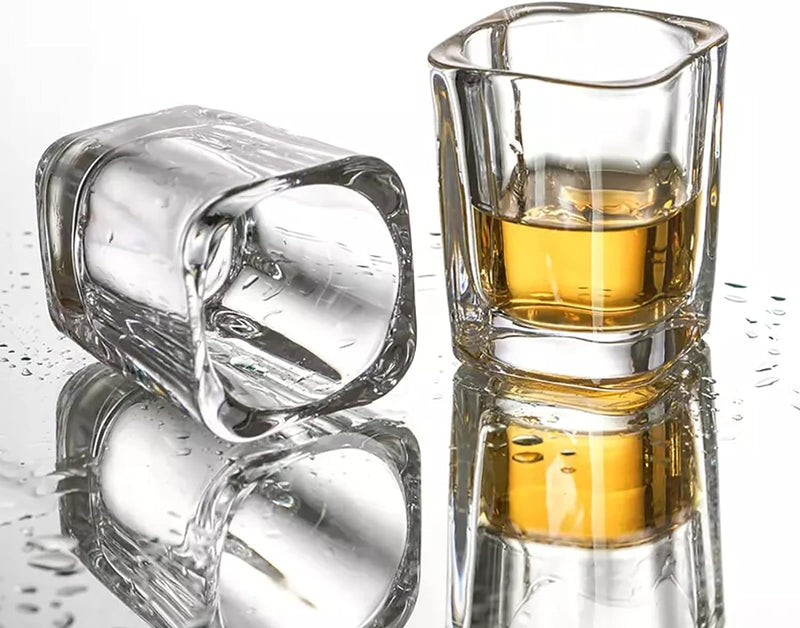 Vivimee Shot Glass Holder Set with 12 Clear 2.3 oz Square Crystal Shot Glasses & Rustic Burnt Wood Serving Tray for Whiskey, Tequila, Liqueurs, Party & Collection