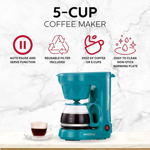 Holstein Housewares - 5 Cup Drip Coffee Maker - Convenient and User Friendly with Permanent Filter, Borosilicate Glass Carafe, Water Level Indicator, Auto Pause/Serve and Keep Warm Functions, Teal