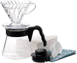 Hario Pour Over Coffee Starter Set Craft Coffee Maker Dripper, Glass Server, Scoop and Filters Size 02, Black