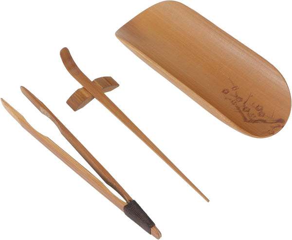 Tea Spoon, Tea Scoop Set Bamboo Tea Set, Hand-Made Carving Tea Accessories 4Pcs/Set for Home Tea Accessory Tearoom Set Office(Plum blossom)