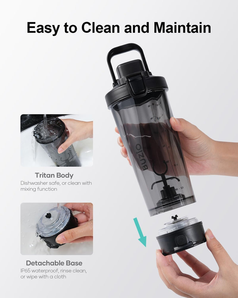 BUZIO Electric Protein Shaker Bottle, 24 oz Shake Blender Bottle, USB Rechargeable Blender Bottles for Protein Mixes Shaker Cups, Portable Large Sports Water Bottles Made with Tritan, Black