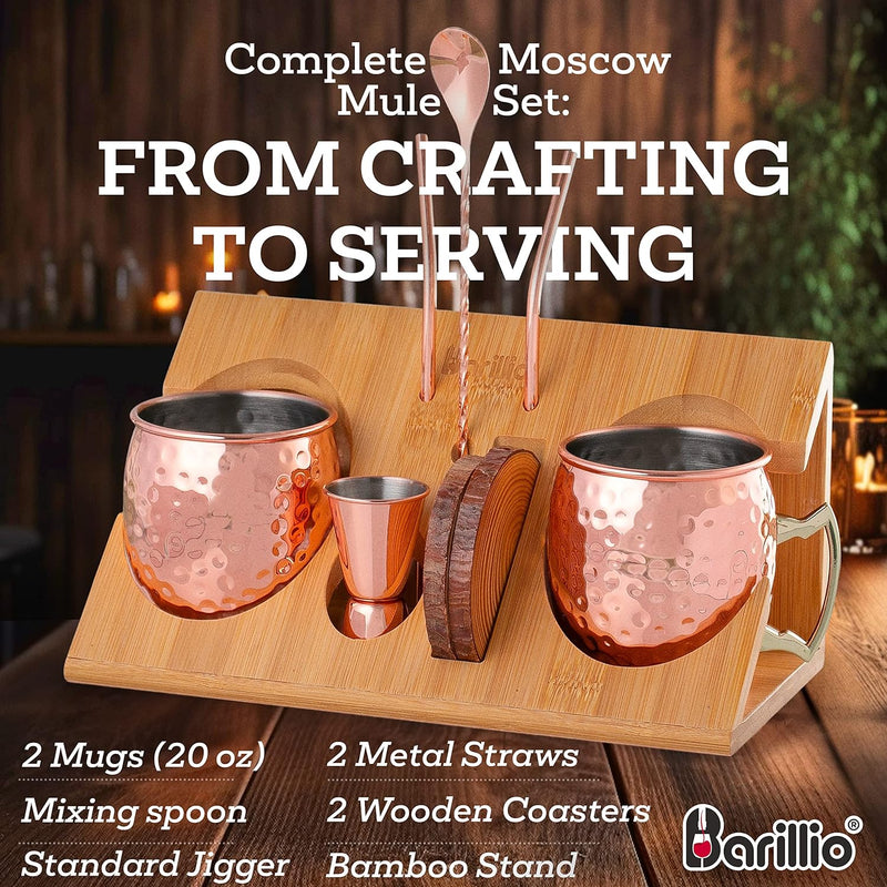 barillio Moscow Mule Mug Set of 2 With Bamboo Stand | Large Size 18 oz copper Cups | Stainless Steel Lining & Pure Copper Plating