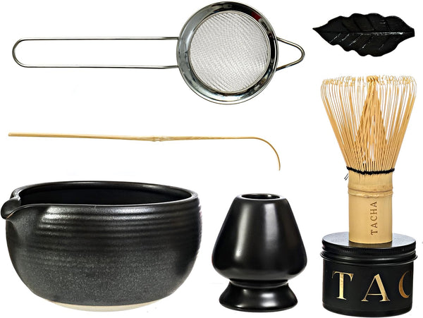 TACHA Premium Matcha Tea Set | Matcha Tea Powder | Ceremonial Matcha Tea Making Tool | Whisk Holder Black Bowl, Spout, Scoop, and Sifter (7 Piece Set)
