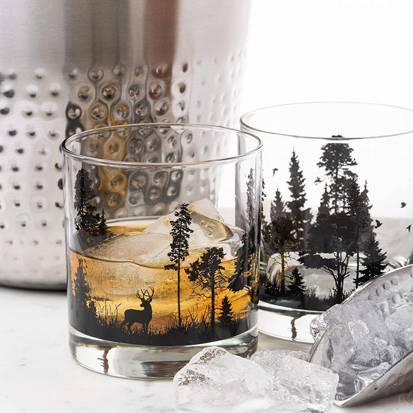 Black Lantern Whiskey Glasses – Handmade Whiskey Glass Set and Bar Glasses – Forest Animals Design (Set of Two 11oz. Glasses) - Small Tumbler Glasses for Cocktails and Everyday Drinking Glasses