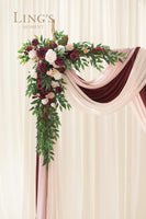 Marsala Arch Flowers with Drapes Kit (Pack of 5) - 2Pcs Artificial Floral Swag with 3Pcs 33Ft Lenght Draping Fabric for Wedding Ceremony Backdrop Decor