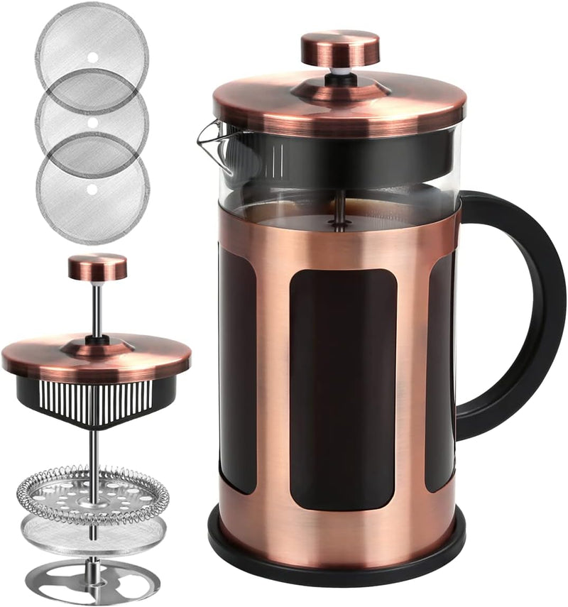 FAVIA French Press Coffee Maker 12 Ounce Stainless Steel with Borosilicate Glass Heat Resistant 4 Level Filtration System for Brew Coffee & Tea Dishwasher Safe 350ml (12oz, Stainless Black)