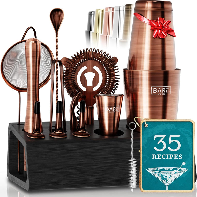 Pro Mixology Bartender Set Bar Kit | 14-Piece Boston Cocktail Shaker Set | Professional Barware Mixing Tools for Home Bartending | Bamboo Stand Recipe Cards | Gift Set for Him & Her (Silver Black)