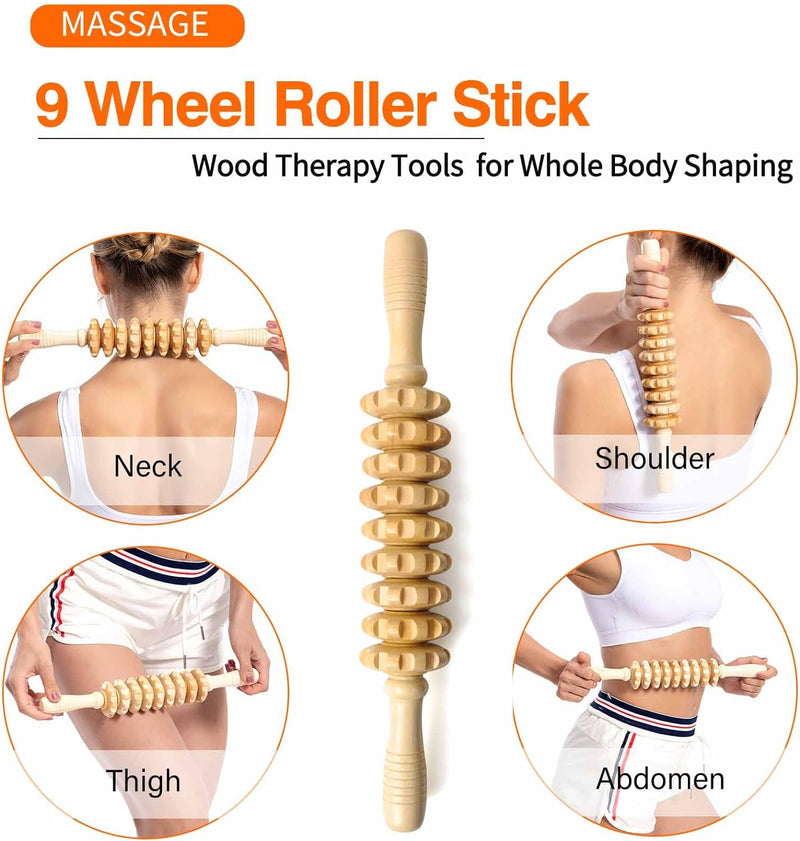 Neck Massager Roller Rope, gua sha Board, Back Roller, Reflexology Tools: 4-in-1 Wood Therapy Massage Tools for Neck and Back Pain Relief, Lymphatic Drainage, and Stimulation Therapy