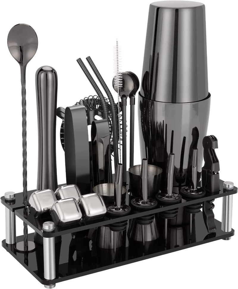 Cocktail Shaker Set, 23-Piece Boston Stainless Steel Bartender Kit with Acrylic Stand & Cocktail Recipes Booklet, Professional Bar Tools for Drink Mixing, Home, Bar, Party (Include 4 Whiskey Stones)