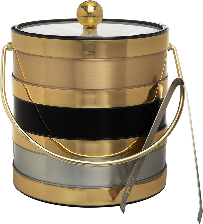 Hand Made In USA Brushed Gold Double Walled 3-Quart Insulated Ice Bucket With Ice Tongs (Metallic Deco Collection)