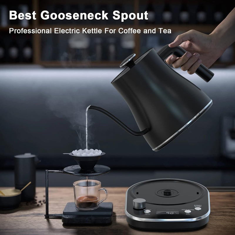 Gooseneck Electric Kettle, WiFi Smart Electric Kettle Temperature Control, Pour Over Kettle and Tea Kettle, App Control, 1200W Quick Heating, 100% Stainless Steel, 0.8L, Matte Black (Black)
