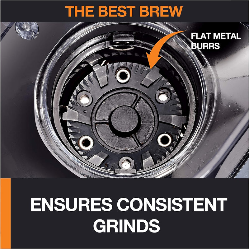 Krups Precise Stainless Steel Flat Burr Grinder 8oz, 32cups bean hopper 12 Grind from Fine to Coarse 110 Watts Removable Container, Drip, Press, Espresso, Cold Brew, 2,12 cups ground coffee Black