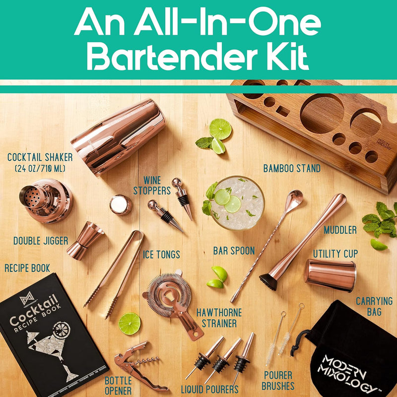 Mixology Bartender Kit: 23-Piece Bar Set Cocktail Shaker Set with Stylish Bamboo Stand | Perfect for Home Bar Tools Bartender Tool Kit and Martini Cocktail Shaker for Awesome Drink Mixing (Copper)