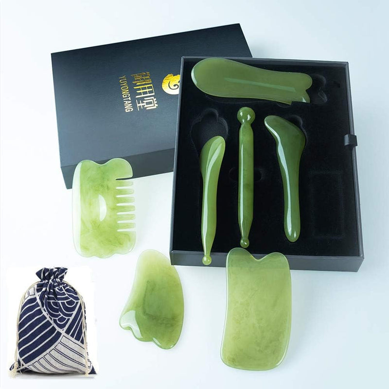 YUYONGTANG 7 Pieces Gua Sha Scraping Massage Tool,Natural Resin GuaSha Tool Massage Tools Set for Face Back and Neck Release,Reduce Muscle Pain,with Storage Bag (Green)