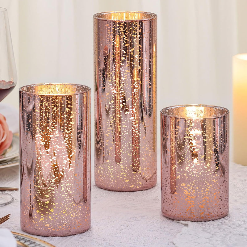DEVI 3pcs Rose Gold Mercury Glass Candle Holders for Wedding Decor (D:3''), Hurricane Candle Holder for Bridal Shower, Cylinder Glass Vases for Centerpieces, Fall Decor, Christmas Home Table Decor,