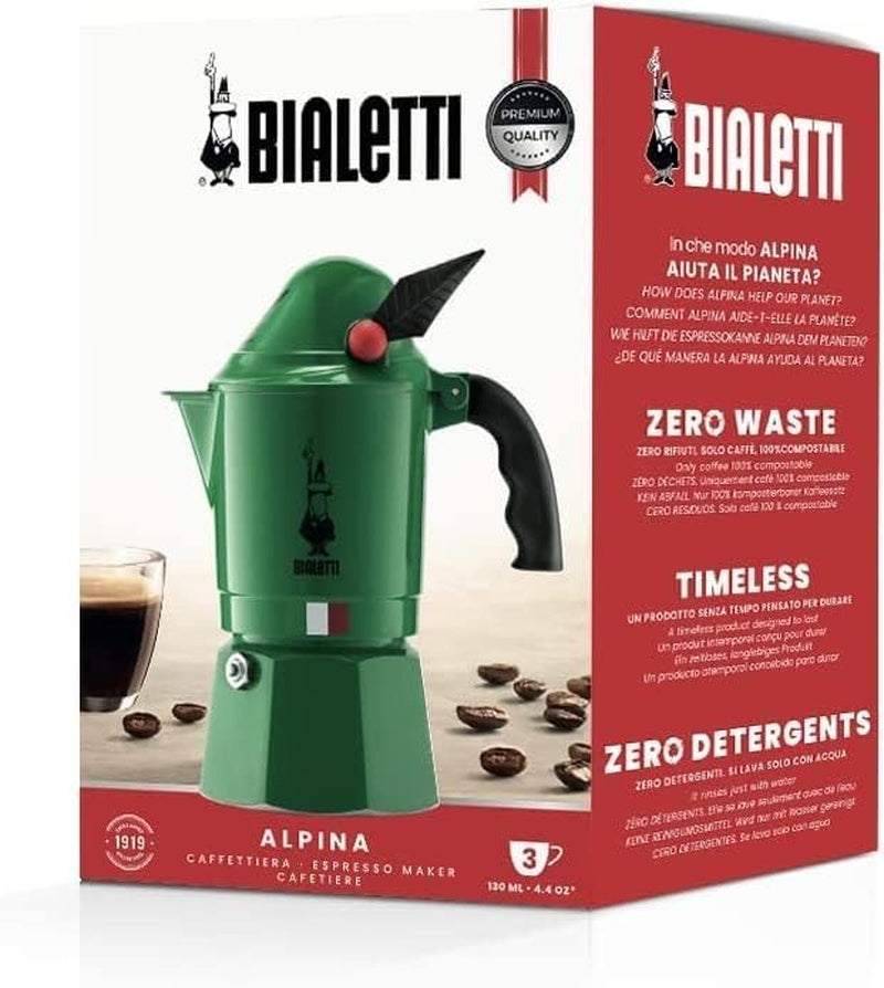 Bialetti - Moka Express Alpina: Iconic Stovetop Espresso Maker, Moka Pot 3 Cups (4.3 Oz - 130 Ml), Aluminium, Green