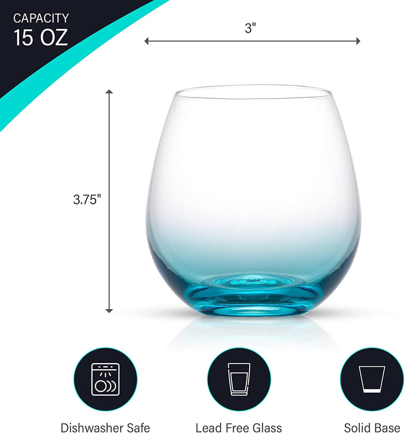 JoyJolt HUE Stemless Wine Glass Set. Large, 15 oz, Stemless, Set of 6. Short Wine Tumblers for White Wine, Red Wine, Water, No Stem Margarita Glasses, Colored