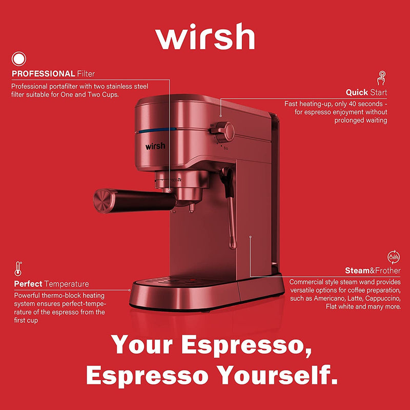 wirsh Espresso Machine,Espresso Maker with Commercial Steamer for Latte and Cappuccino,Expresso Coffee Machine with 42 oz Removable Water Tank,Stainless Steel (Home Barista)