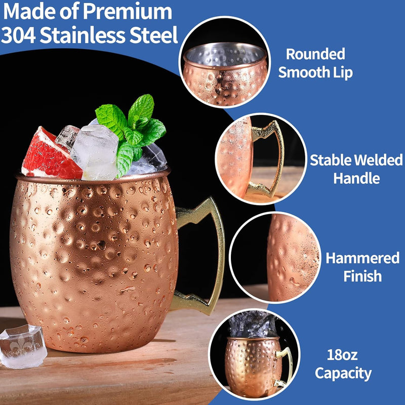 Moscow Mule Copper Mugs- Set of 4 Copper Plated Stainless Steel Mug 18oz, for Chilled Drinks (4 pcs)