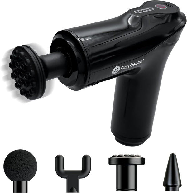 FIRSTHEALTH Mini Massage Gun | Portable, Cordless, Rechargeable Handheld Percussion | Mini Muscle Massager w/ 5 Speed Settings, 4 Attachment Heads | Use for Neck Massage, Back Massage, Tension Relief