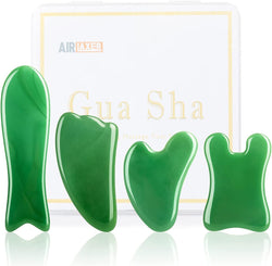 Gua Sha Massage Facial Tool Set,Guasha Massager Kit for Face and Body,Scraping Massage Board 4-piece Set Physical Therapy,Gua-sha Jade Stone also be Used on the Chin ,face,Neck and Back. (green)