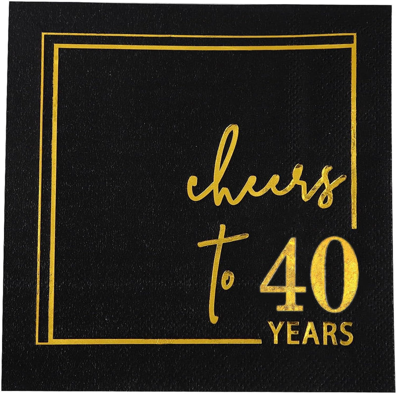 Cheers to 40 Years Cocktail Napkins - 50PK - 3-Ply 40th Birthday Napkins 5x5 Inches Disposable Party Napkins Paper Beverage Napkins for 40th Birthday Decorations Wedding Anniversary Black and Gold