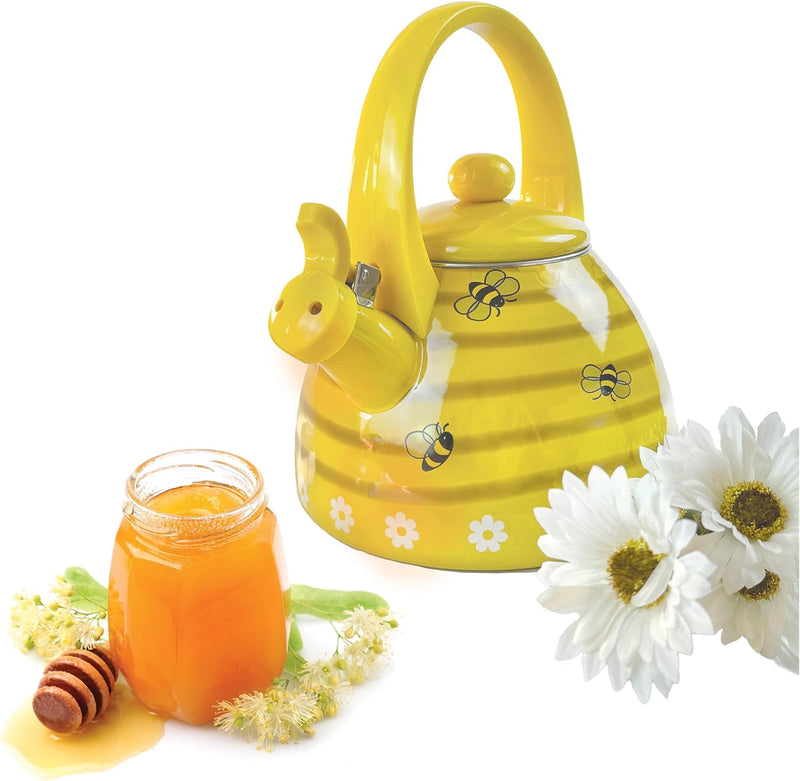 Trenton Gifts Bee Hive Design Enamel Tea Kettle - Whistling Stove Top Teakettle, Cute Kitchen Accessories 2.3 Quart